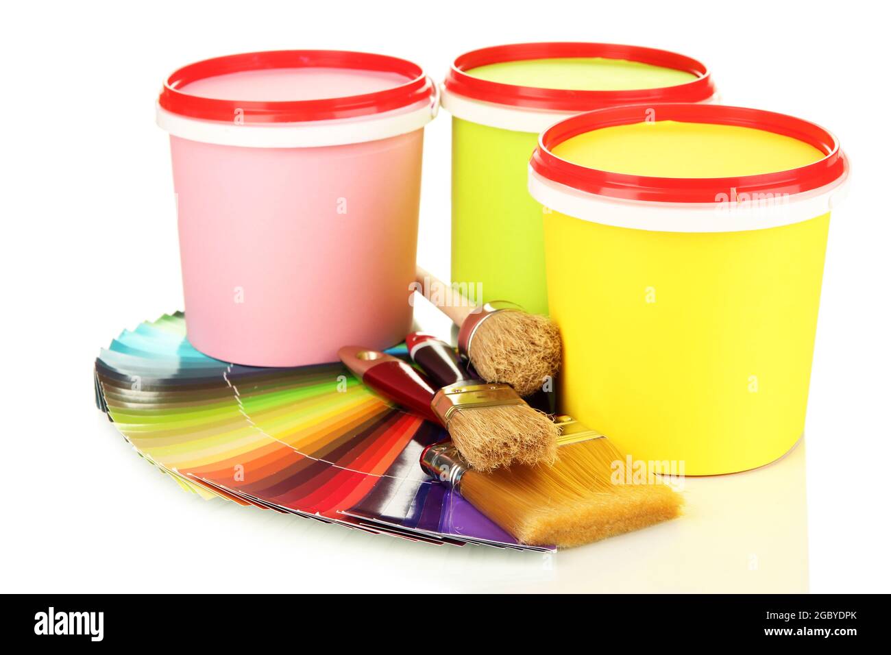 Set for painting paint pots, brushes, palette of colors isolated on
