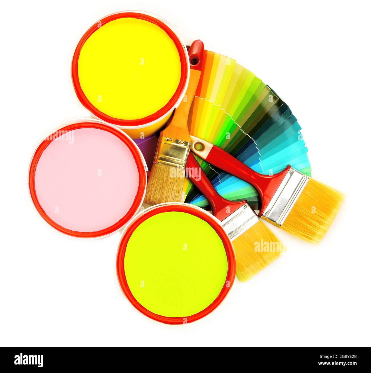 Set for painting paint pots, brushes, palette of colors isolated on white Stock Photo Alamy