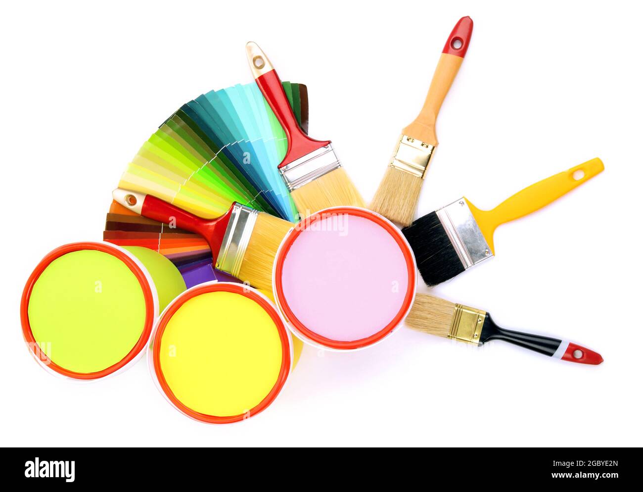 Set for painting paint pots, brushes, palette of colors isolated on