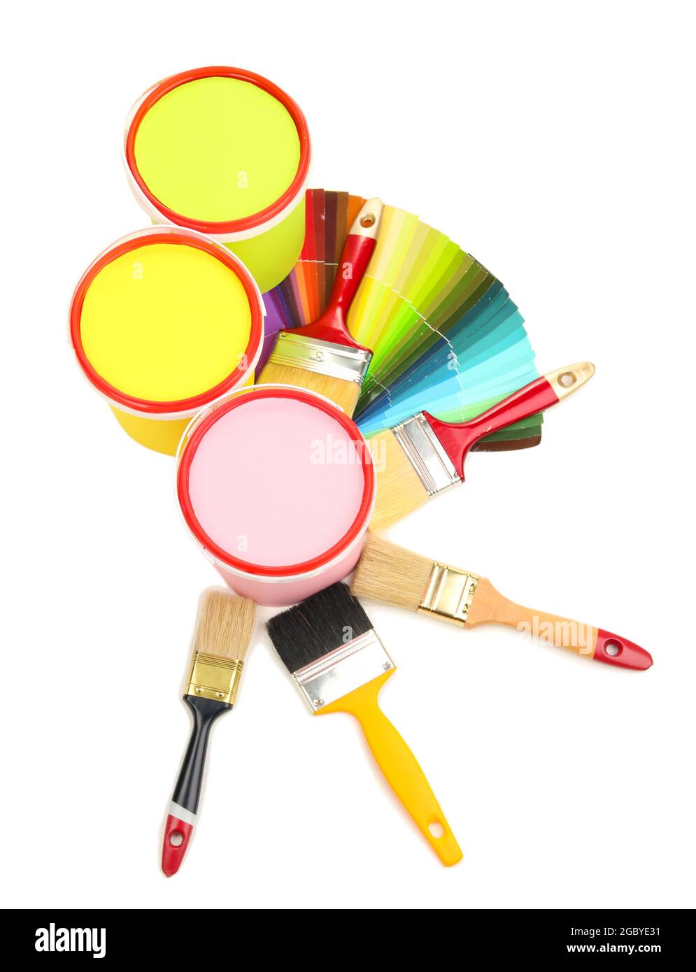 Set for painting paint pots, brushes, palette of colors isolated on white Stock Photo Alamy