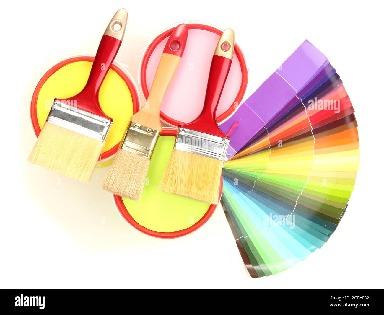 Set for painting paint pots, brushes, palette of colors isolated on