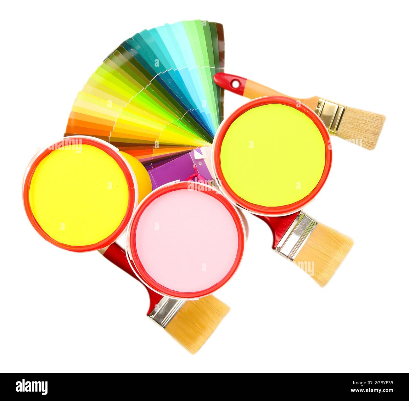 Set for painting paint pots, brushes, palette of colors isolated on