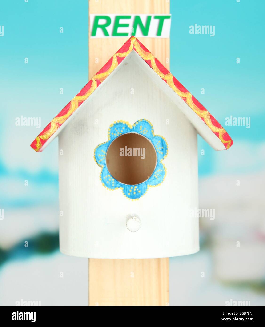 Decorative nesting box and sign on bright background Stock Photo Alamy