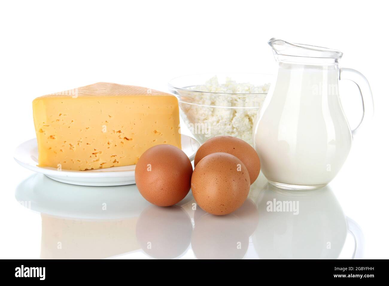 Dairy products and eggs isolated on white Stock Photo Alamy