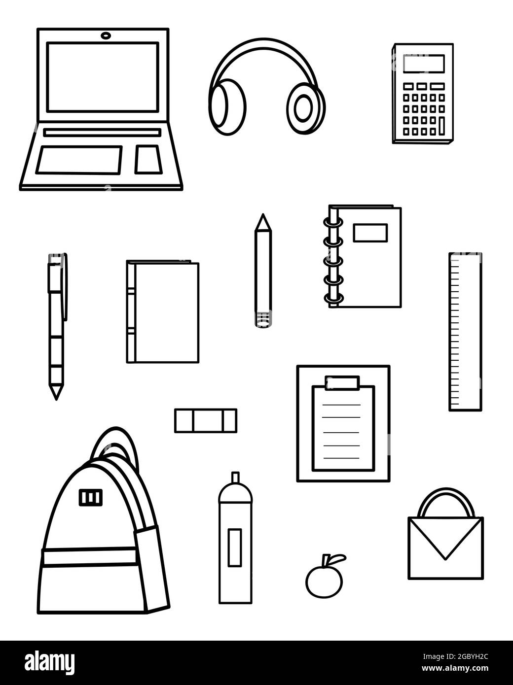 Simple vector icons of school, university and education. Supplies for school on white background Stock Vector