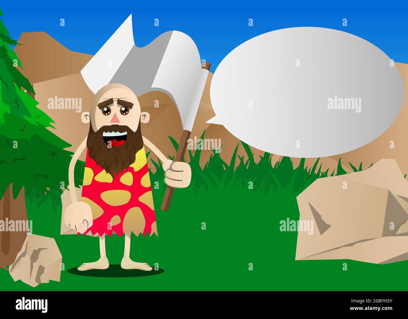 Cartoon prehistoric man holds white flag of surrender. Vector ...