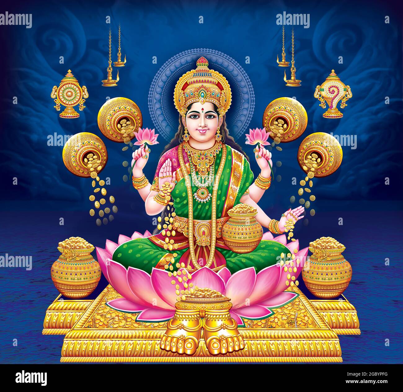 Laxmi sitting in golden lotus hi-res stock photography and images ...