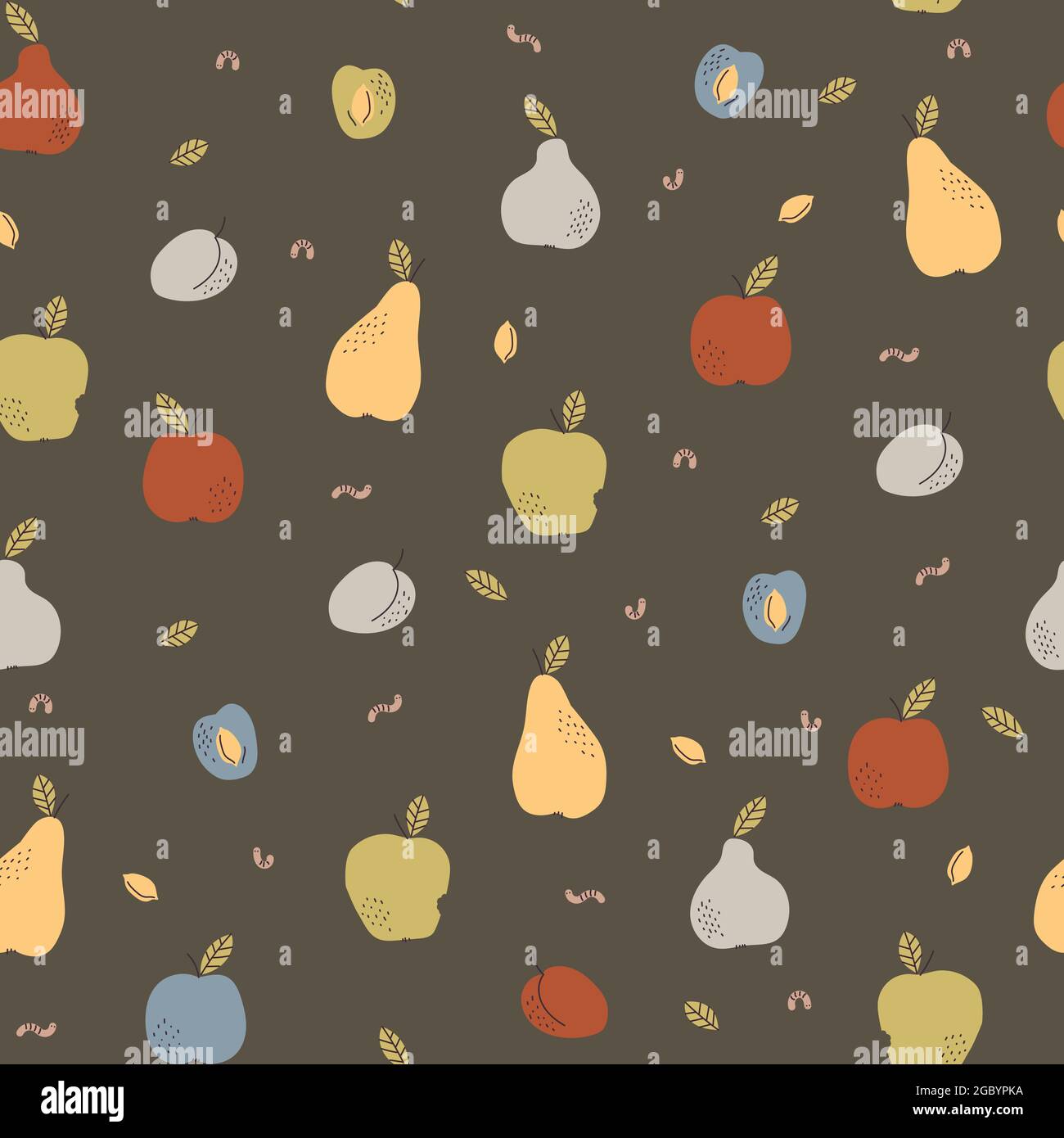 Seamless retro pattern. Autumn harvest of fruits apples, pears, plums, earthy colors. Stock Vector