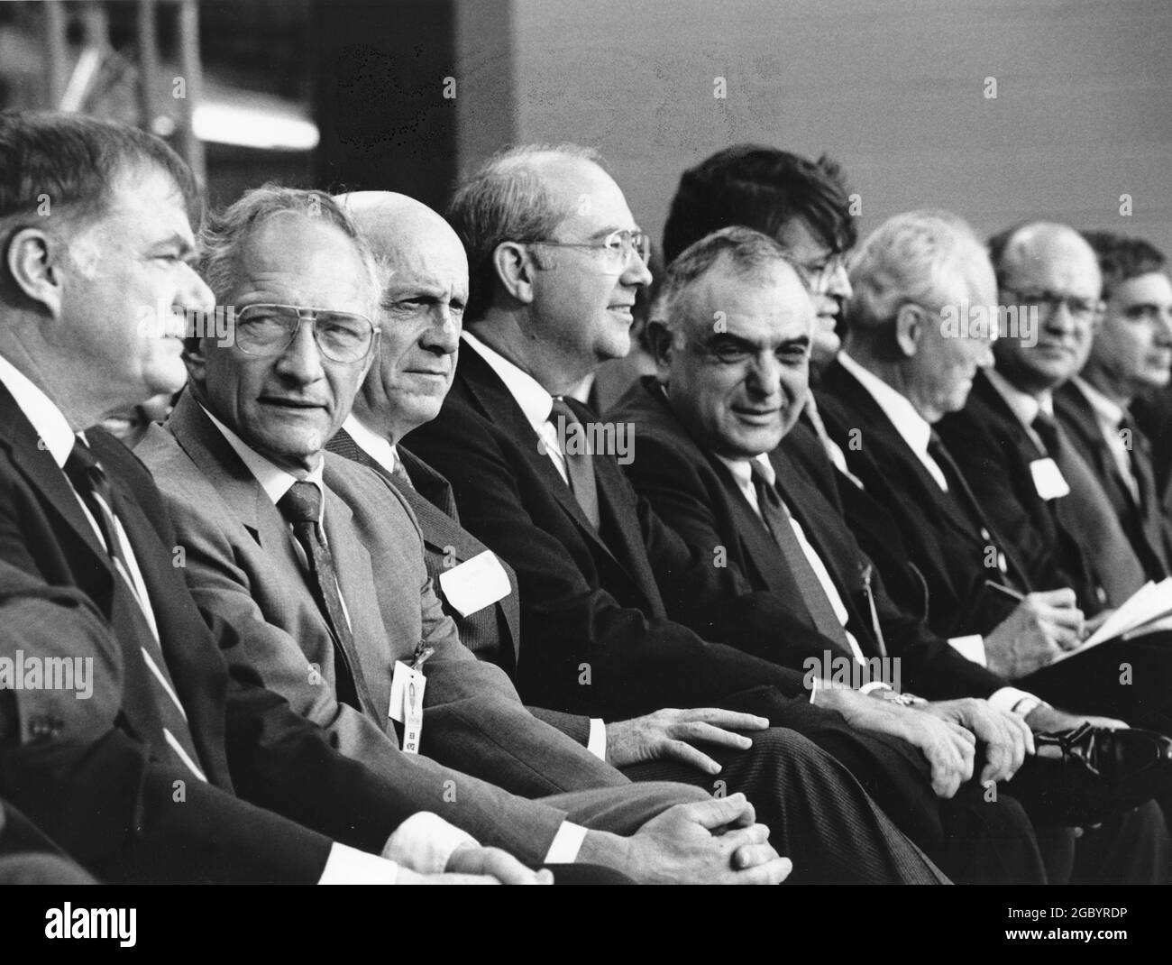 Austin Texas USA, 1987: White male business leaders from central Texas attend groundbreaking ceremony for Sematech research consortium's building in east Austin. Sematech president and CEO Robert Noyce is pictured second from left. ©Bob Daemmrich Stock Photo