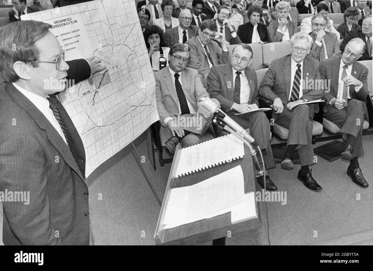 Austin Texas USA, circa 1991: City Council member makes presentation on the city's road plan to members of the Texas Highway Commission at a public hearing. ©Bob Daemmrich Stock Photo