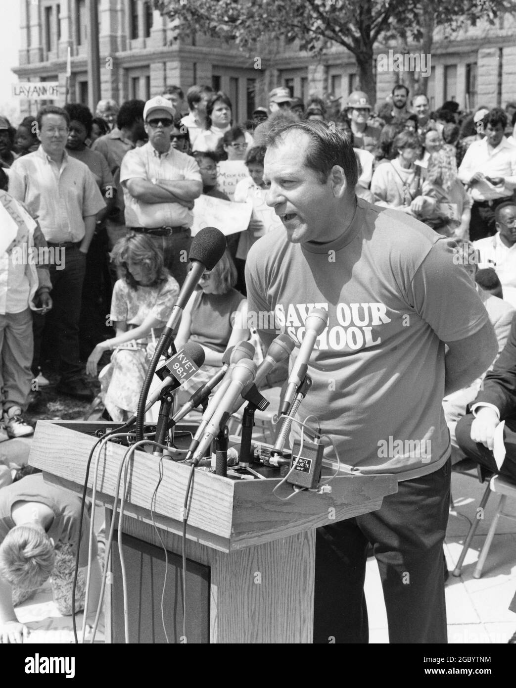 Austin Texas USA, circa 1992: Residents of Mexia, Texas hold a rally in front of the Texas Capitol to protest the proposed closure of the Mexia state school, a residential facility for mentally impaired adults and a major employer in the small east-central Texas town. ©Bob Daemmrich Stock Photo
