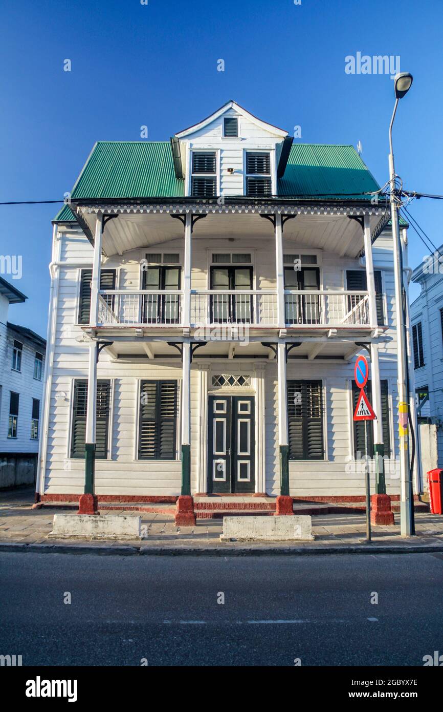 Traditional wooden house in Paramaribo, capital of Suriname Stock Photo