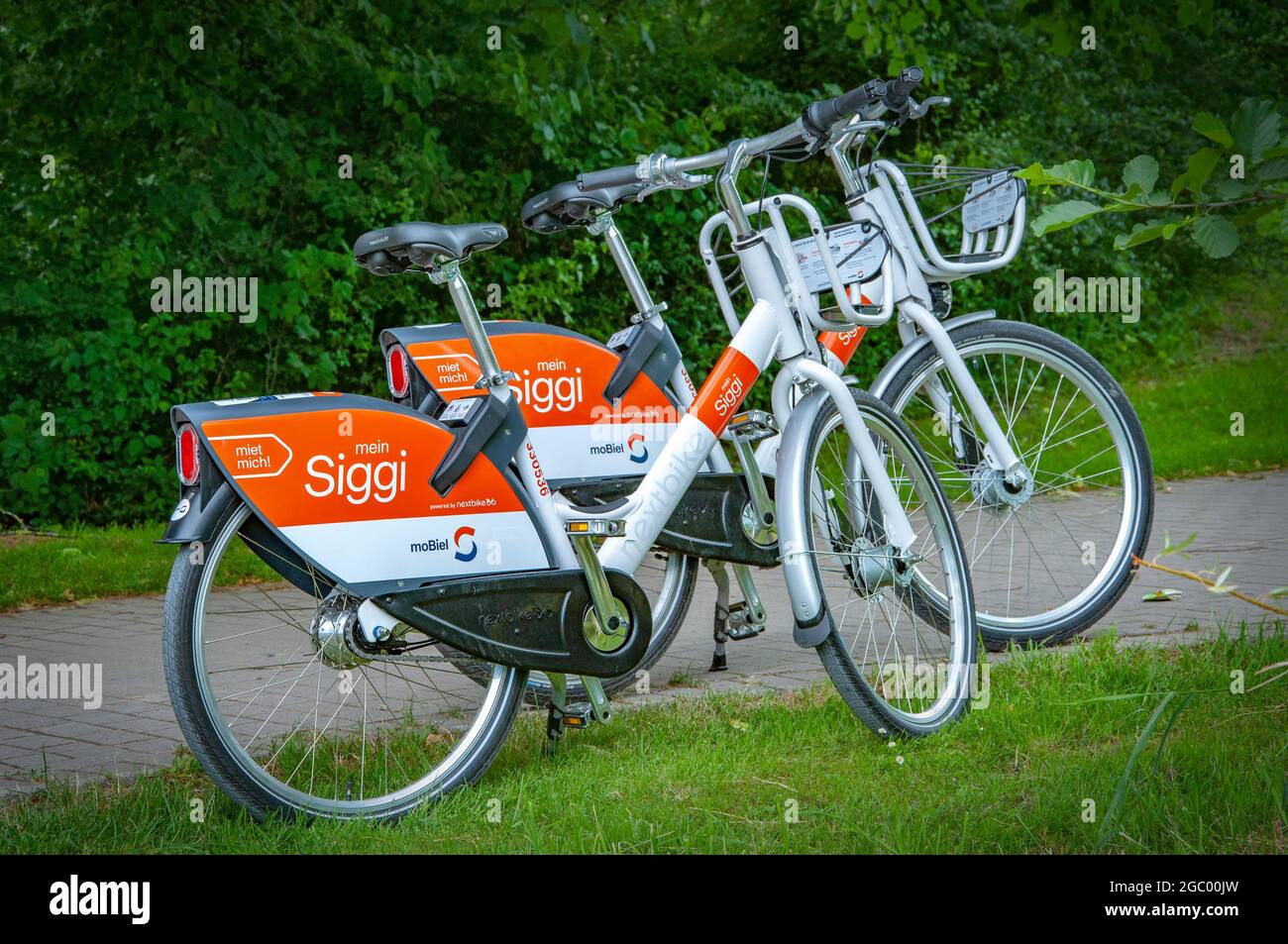 BIELEFELD, GERMANY. JUNE 20, 2021 Loheide park. Nextbike mein Siggi bicycles Stock Photo