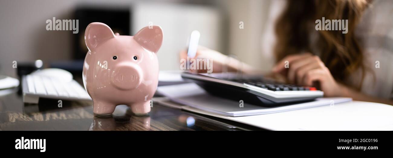 Sales Tax Invoices. Advisor Saving Money With Piggybank Stock Photo