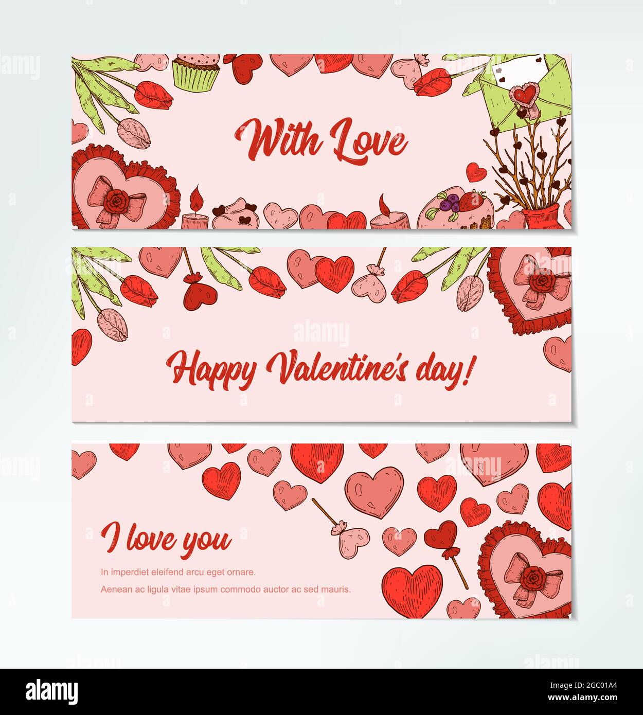 Set of Valentines day horizontal greeting cards with hand drawn elements. Vector illustration Stock Vector