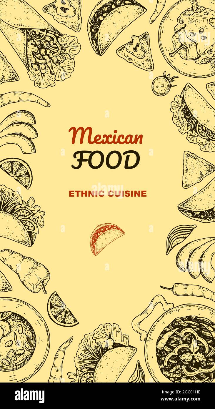 Hand drawn Mexican food vertical design. Vector illustration in sketch style Stock Vector