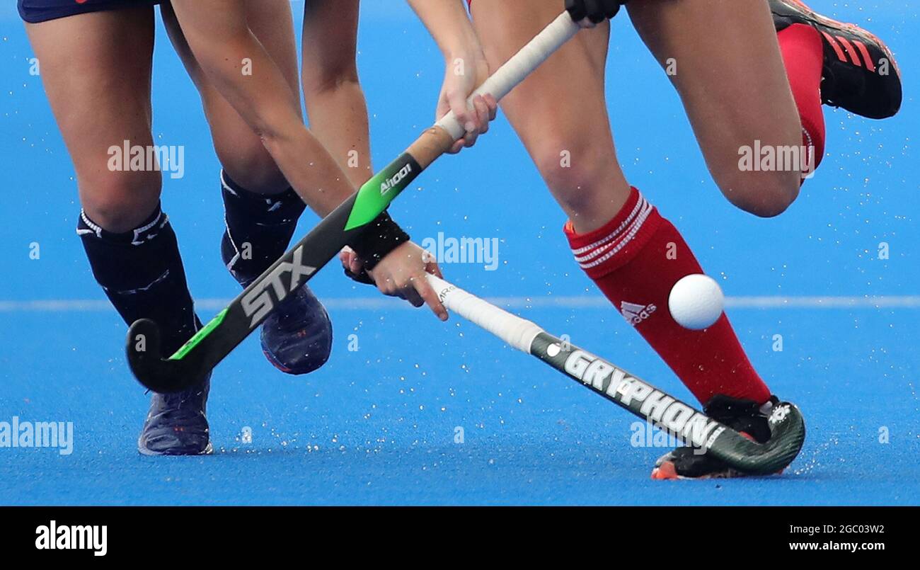 Undated file photo of two hockey players during a match. Exercising too much self-control may be counter productive and could hinder performance in athletes and sports people, research suggests. UK scientists have found that hockey players who strived to exert more self-control - by trying to control their behaviours, emotions and desires to pursue their goals - saw a drop in performance in their dribbling, passing and shooting skills. Issue date: Friday August 6, 2021. Stock Photo