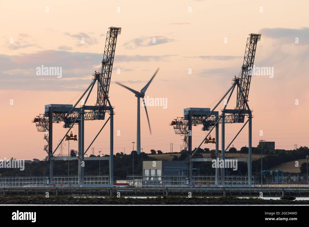 Ringaskiddy, Cork, Ireland. 06th August, 2021. Two new state of the art ship to shore gantry cranes that have now been moved into their final position on the quayside at the new Port of Cork  Container Terminal in Ringaskiddy, Co. Cork, Ireland. - Picture; David Creedon Stock Photo