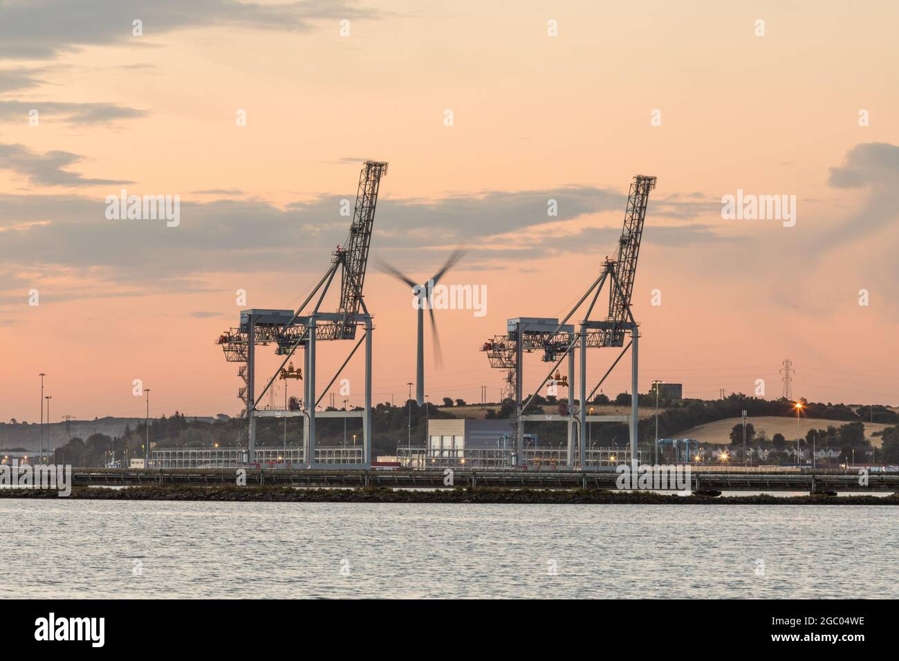Ringaskiddy, Cork, Ireland. 06th August, 2021. Two new state of the art ship to shore gantry cranes that have now been moved into their final position on the quayside at the new Port of Cork  Container Terminal in Ringaskiddy, Co. Cork, Ireland. - Picture; David Creedon Stock Photo