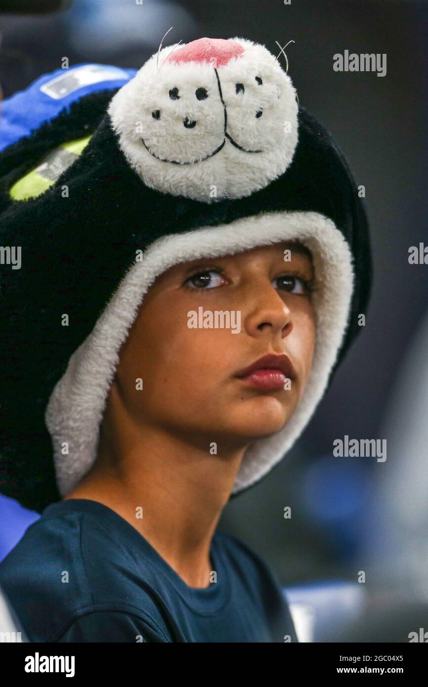 St. Petersburg, FL. USA;  A young fan wore his D.J. Kitty hate during a major league baseball game between the Tampa Bay Rays and the Seattle Mariners Stock Photo