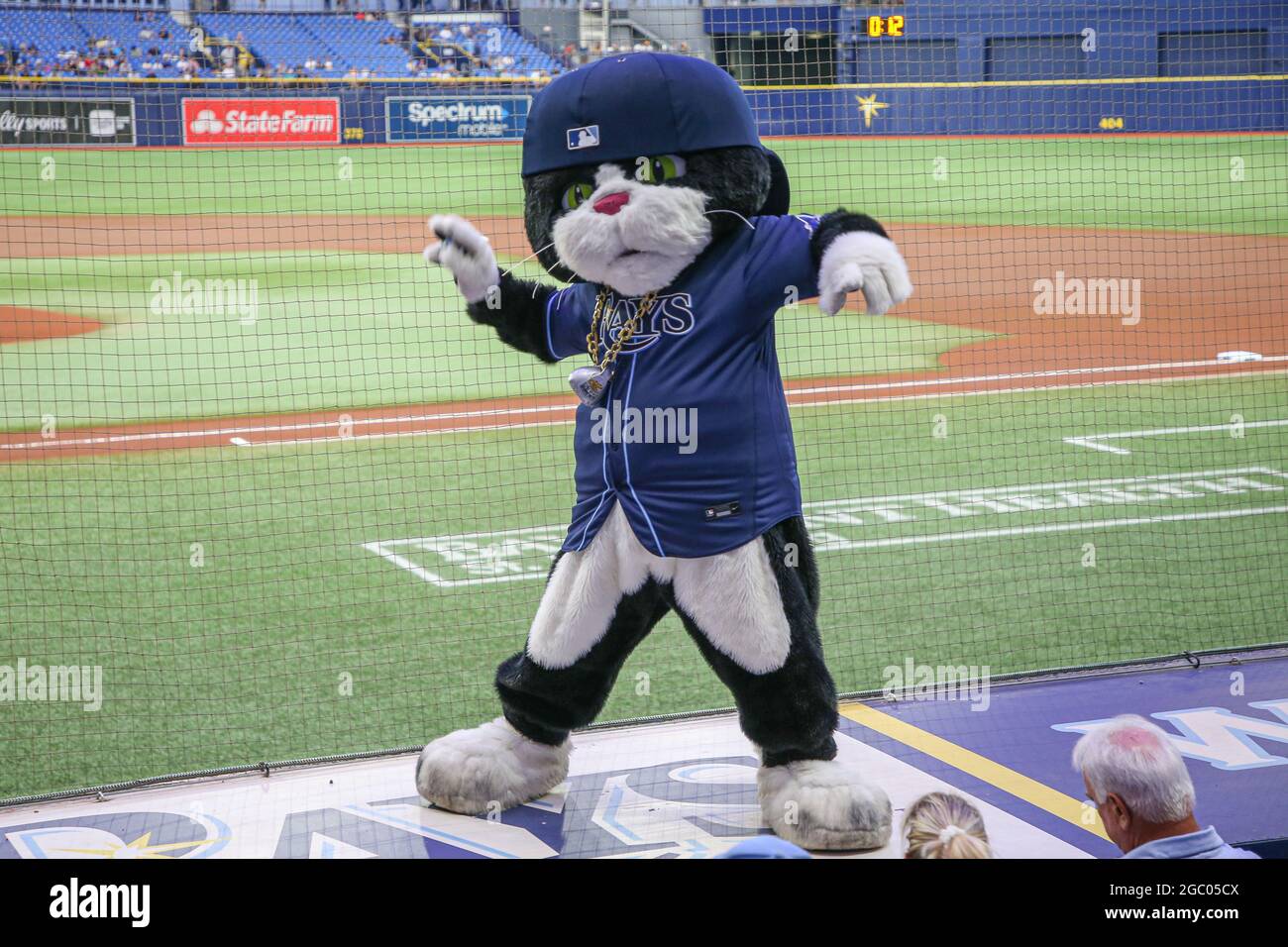 St. Petersburg, FL. USA; Tampa Bay Rays mascot D.J. Kitty entertains the  fans during a major league baseball game against the Seattle Mariners,  Monday, August 2, 2021, at Tropicana Field. The Mariners