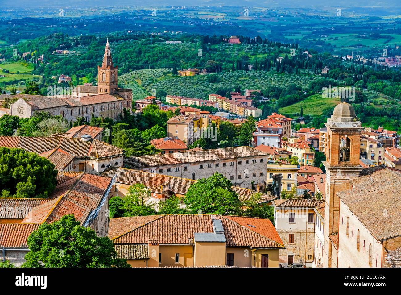 Rooftops and rolling Umbrian hills in Perugia Italy Stock Photo