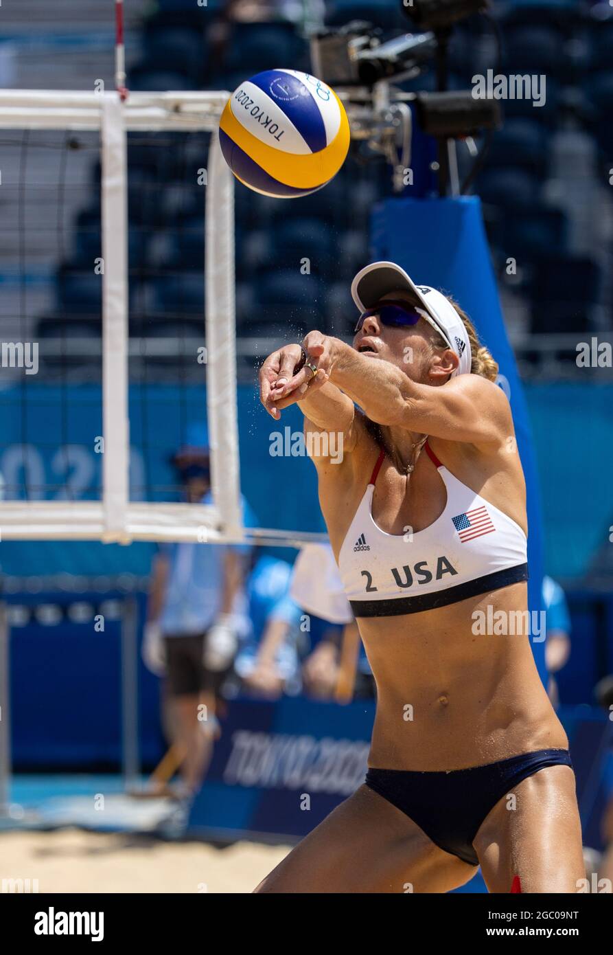 Tokyo, Kanto, Japan. 6th Aug, 2021. USA volleyball team player ALIX KLINEMAN, 31, competes in the Gold medal match for Women's Beach Volleyball at the Shiokaze Park during the 2020 Tokyo Summer Olympics. USA team of April Ross and Alix Klineman won the gold medal. (Credit Image: © Paul Kitagaki Jr./ZUMA Press Wire) Stock Photo