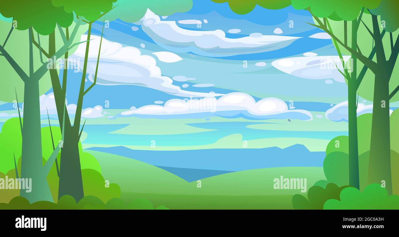 Forest trees vector. Dense wild plants with tall, branched trunks. Sky with clouds. Summer green landscape. Flat design. Cartoon style. Vector Stock Vector