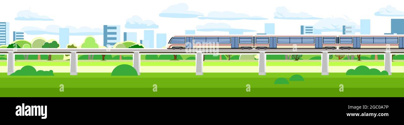 High-speed train on the bridge. Suburban transport. Railway with a ...