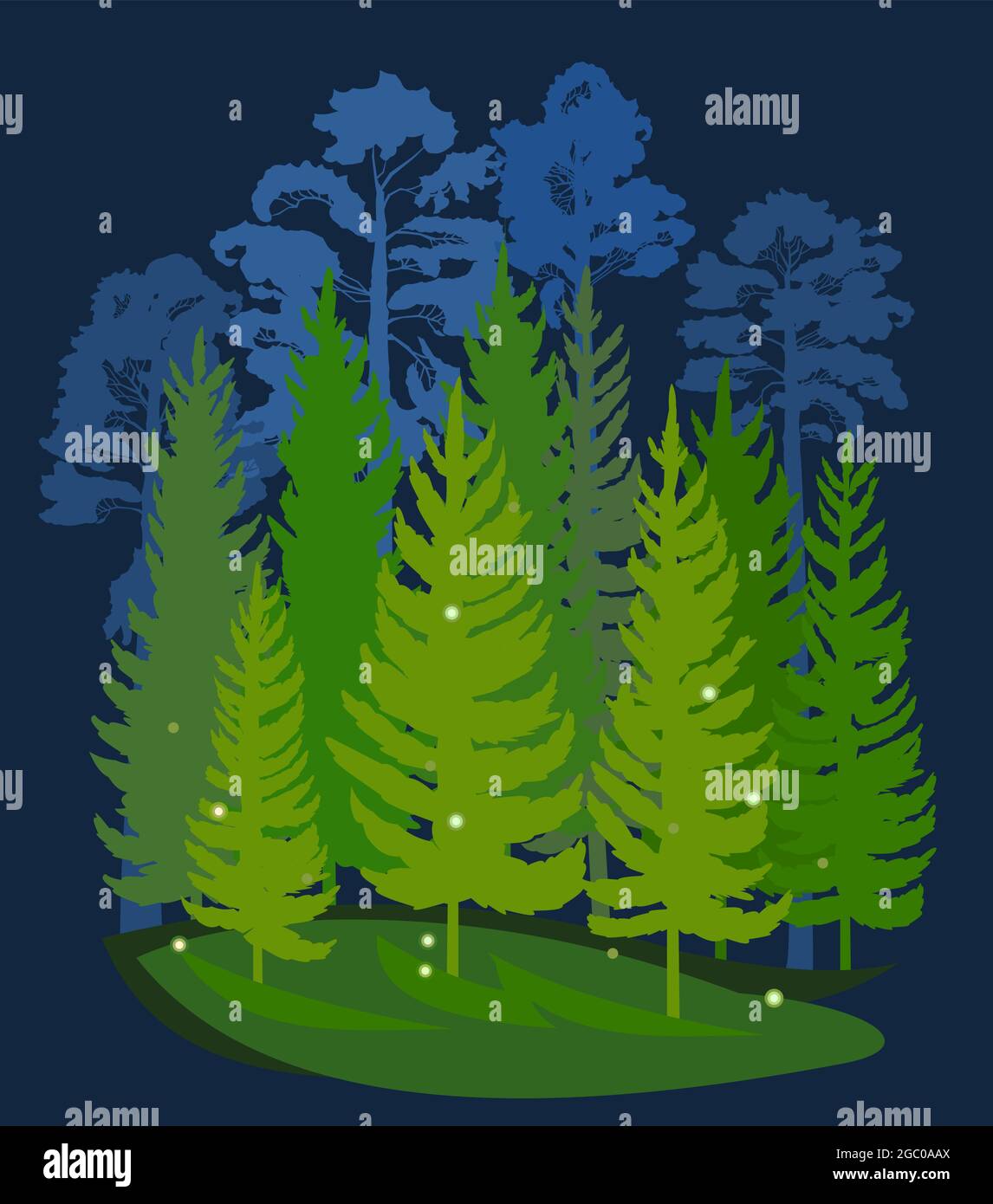 Forest Silhouette. Landscape with coniferous trees. Beautiful night view. Pine and spruce trees. Summer natural scene. Illustration vector Stock Vector