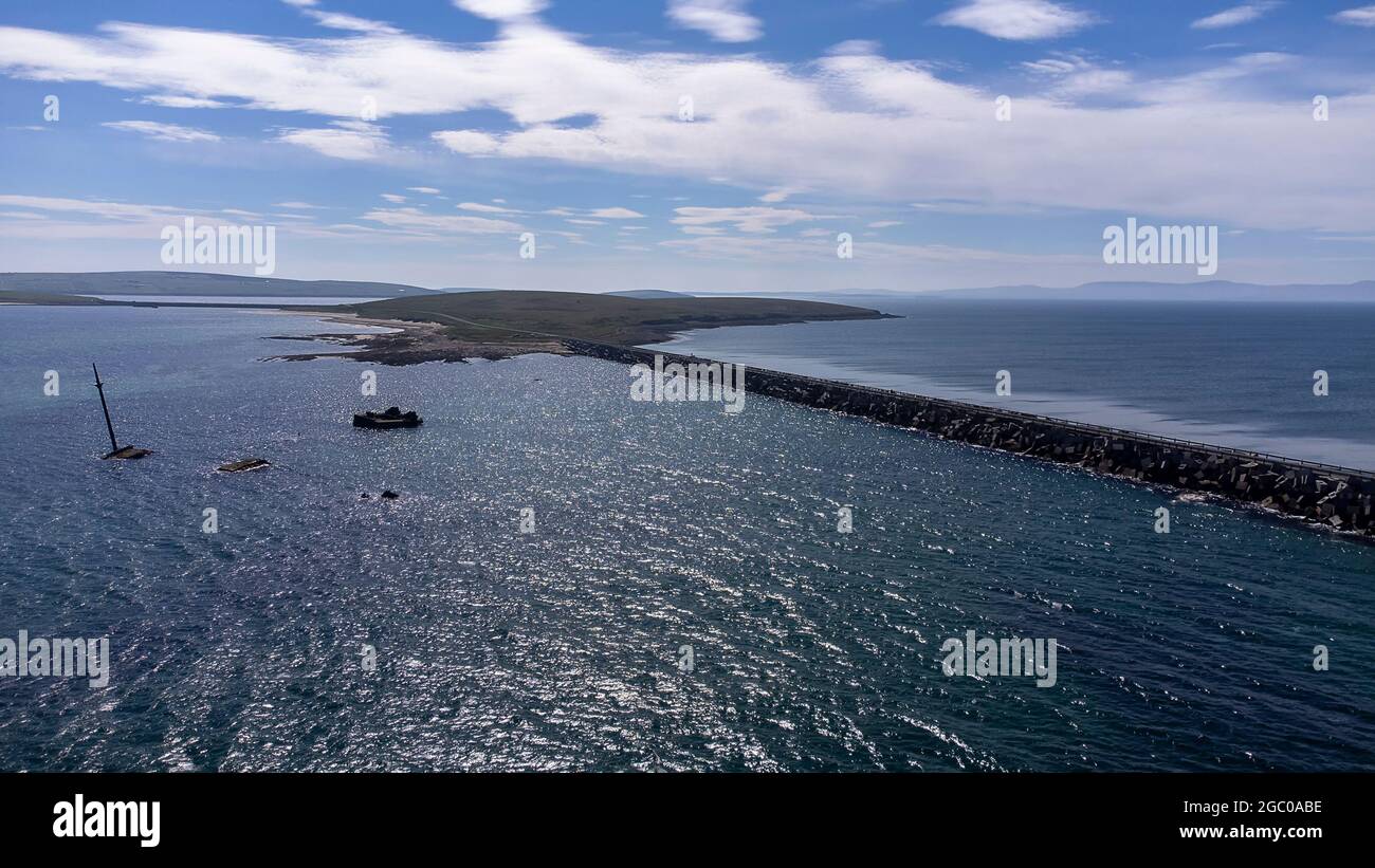 An aerial view of the Churchill Barriers in Orkney, Scotland, UK Stock Photo
