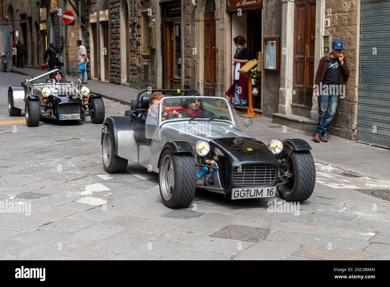 Florence, Italy - May 8, 2010: Super 7 in the rally Mille Miglia 2010 edition on a busy street in Florence. Stock Photo