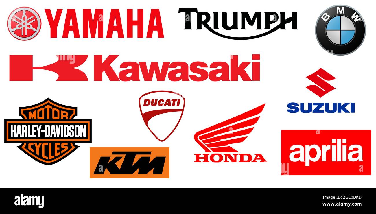Vinnytsia, Ukraine - August 6, 2021. 10 Best Motorcycle Brand Logo. Yamaha, Honda, Ducati, Kawasaki, Triumph, BMW, Harley-Davidson, Suzuki, Aprilia, K Stock Vector