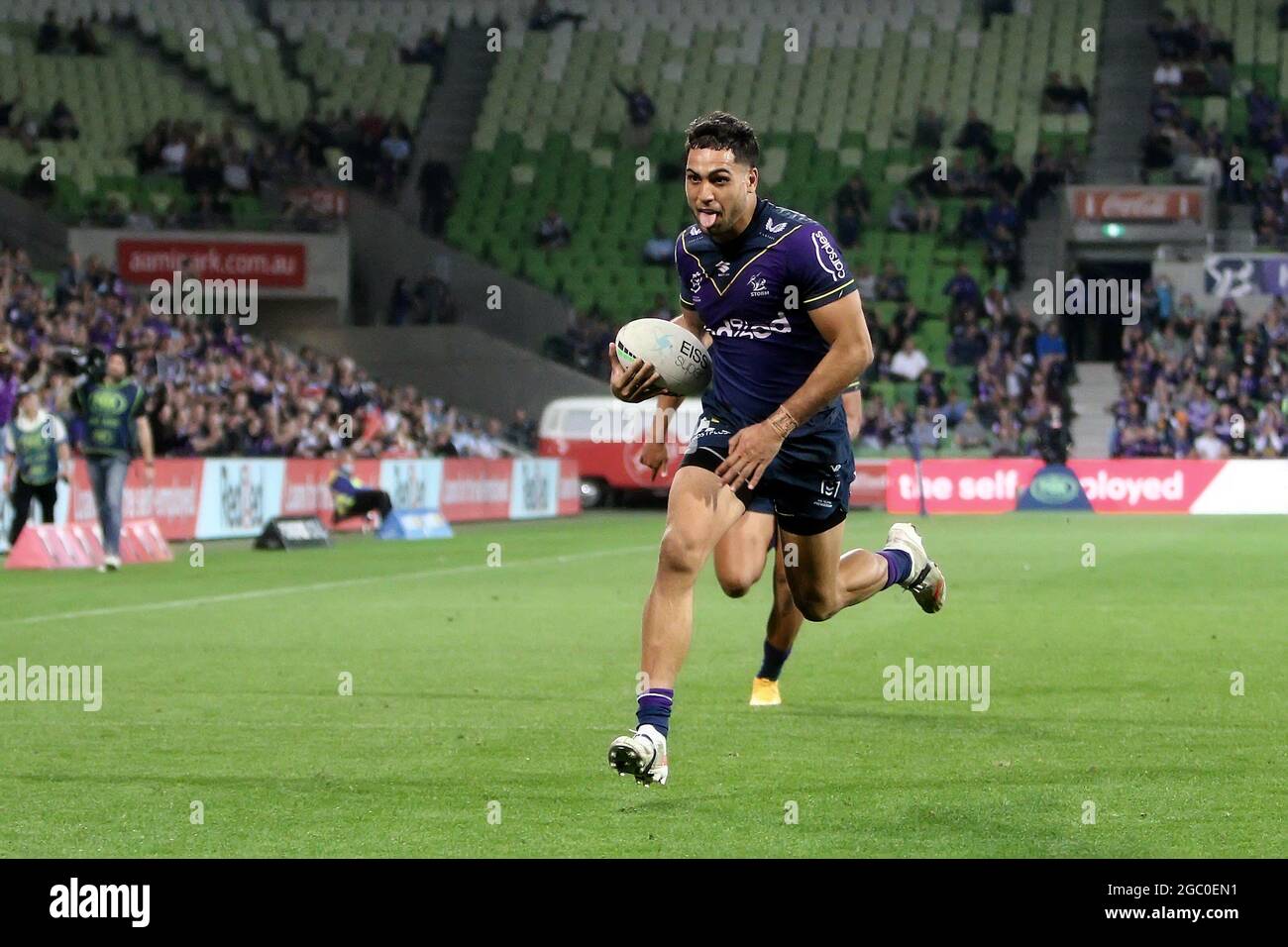 Reimis Smith of the Storm scores a try during the NRL Round 12 match  between the Redcliffe Dolphins and the Melbourne Storm at Suncorp Stadium  in Brisbane, Saturday, May 20, 2023. (AAP