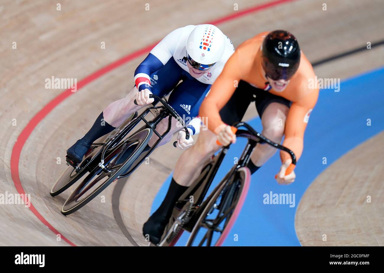 great britain s jack carlin behind netherlands harrie lavreysen during the men s sprint cycling semi final 1 at the izu velodrome on the fourteenth day of the tokyo 2020 olympic games in japan picture