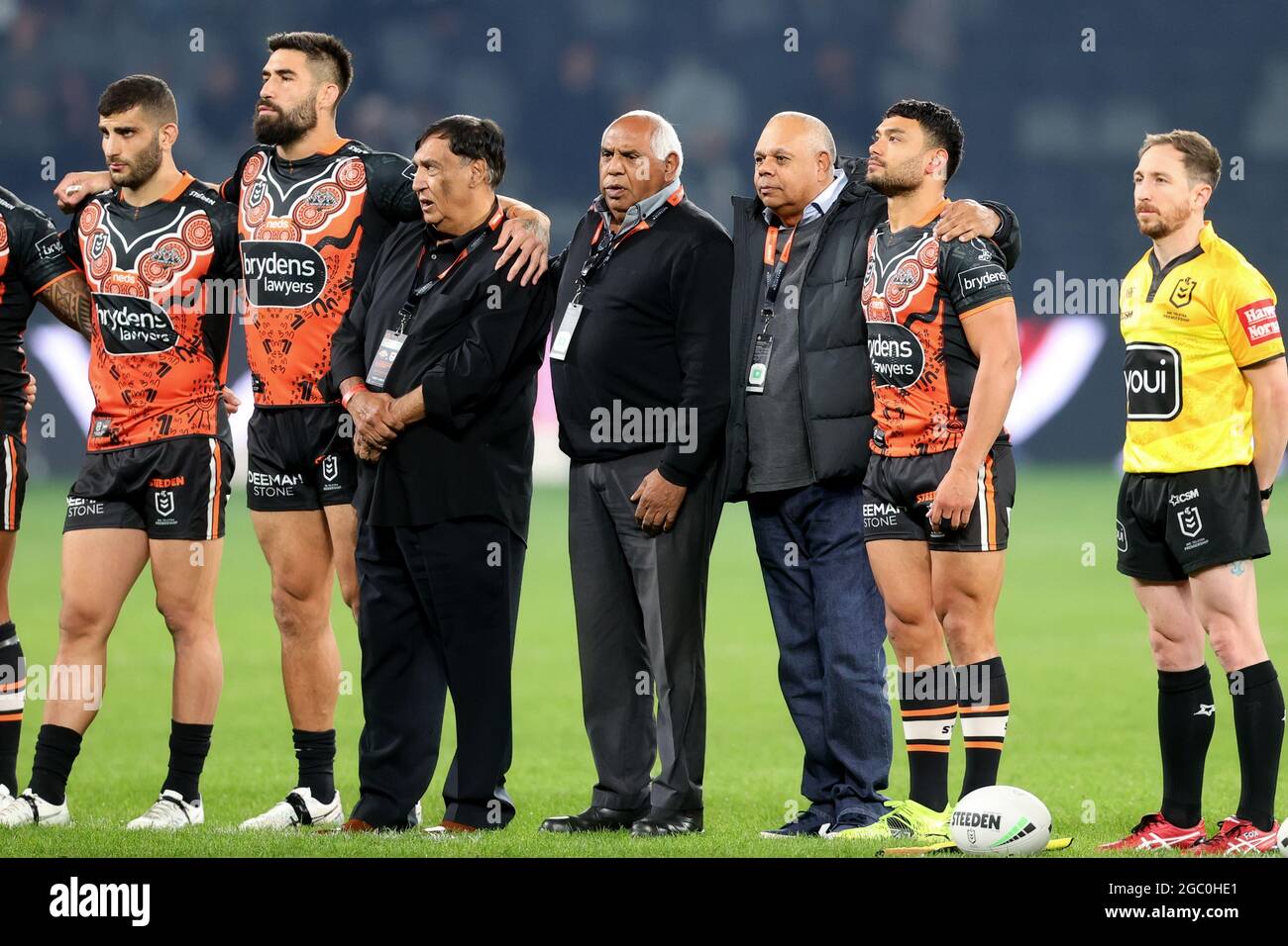 SYDNEY, AUSTRALIA - MAY 28: Larry Corowa former Balmain indigenous legend with Tigers players during the twelve NRL match between the Wests Tigers and St George Illawarra Dragons at Bankwest Stadium