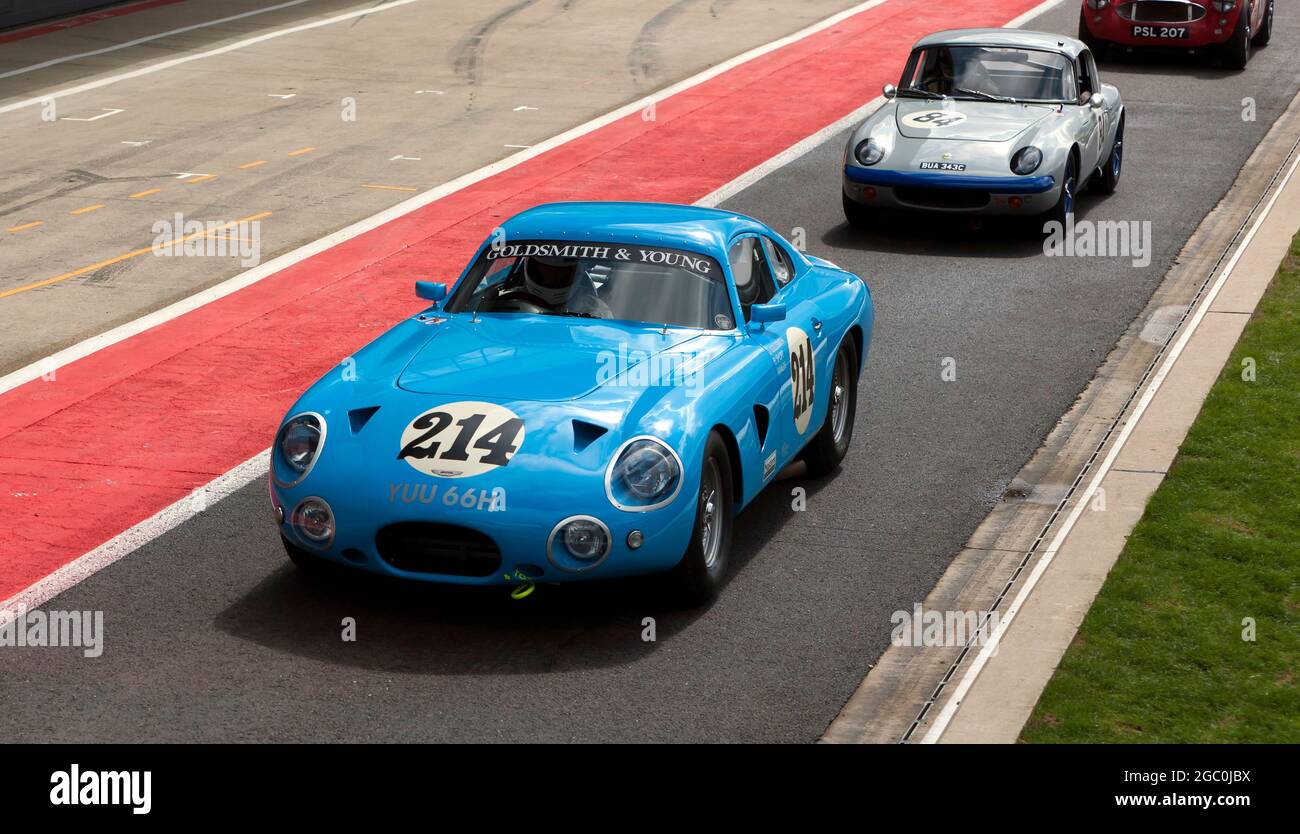 The Aston Martin DP214, of John Goldsmith and Anthony Wilds, in the pit lane before the start of the International Trophy For Classic Pre-66 GT Cars Stock Photo