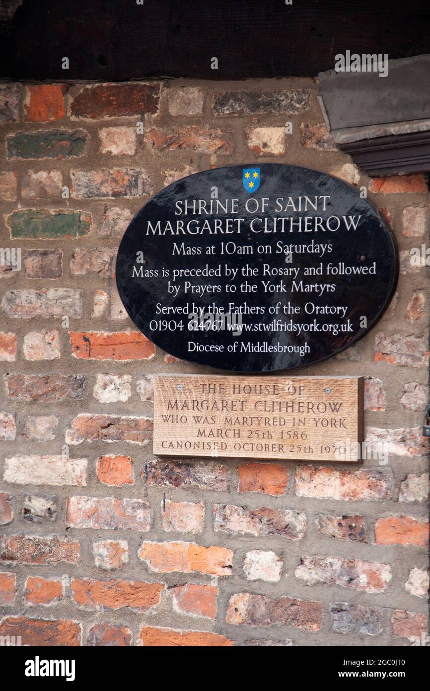 Plaque Denoting Shrine of Mary Clitherow in Little Shambles - York, UK Stock Photo