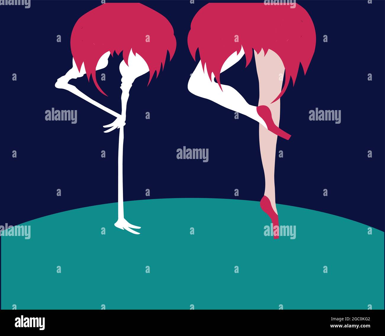 illustration of a ballerina  and an ostrich having the same posing with their feet, isolated on a blue background Stock Vector
