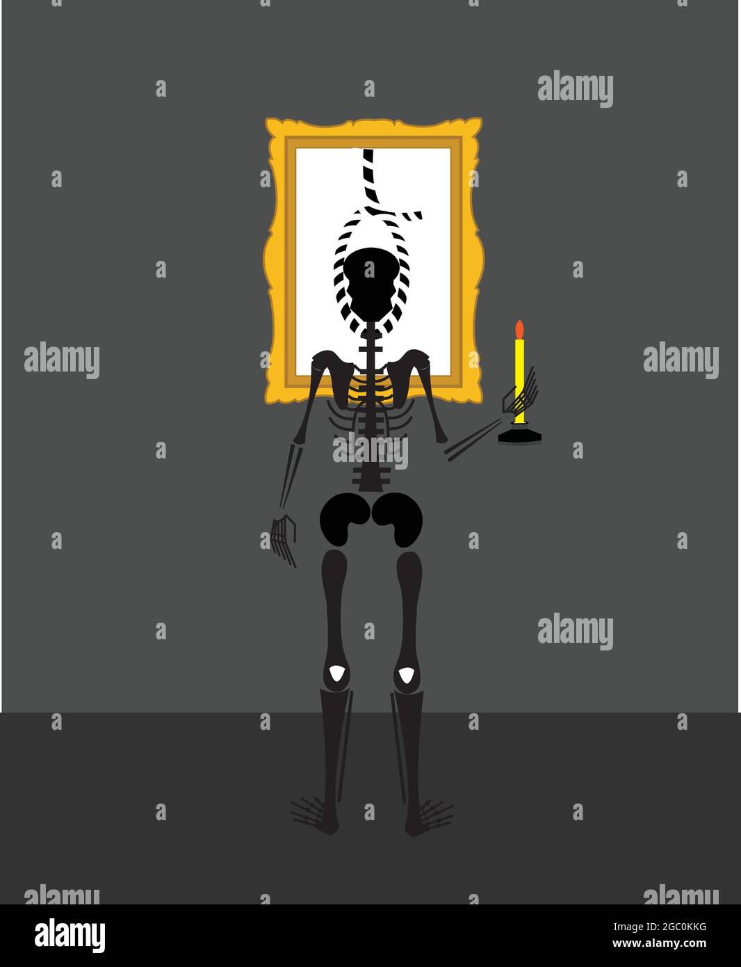 illustration of a skeleton in a museum holding a candle and being part of a painting in a hanging rope Stock Vector