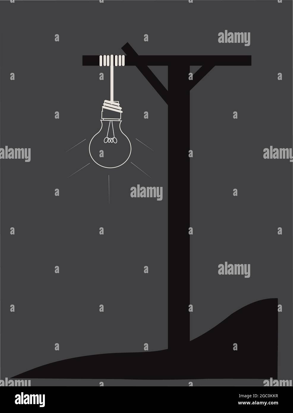 illustration of a light bulb as a rope hanging on a wood frame, isolated on a grey background Stock Vector
