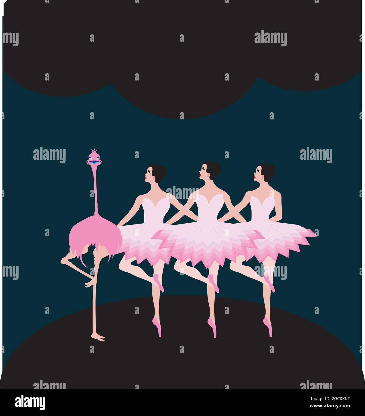 illustration of corps de ballet and an ostrich having the same posing with their feet, isolated on a blue background Stock Vector