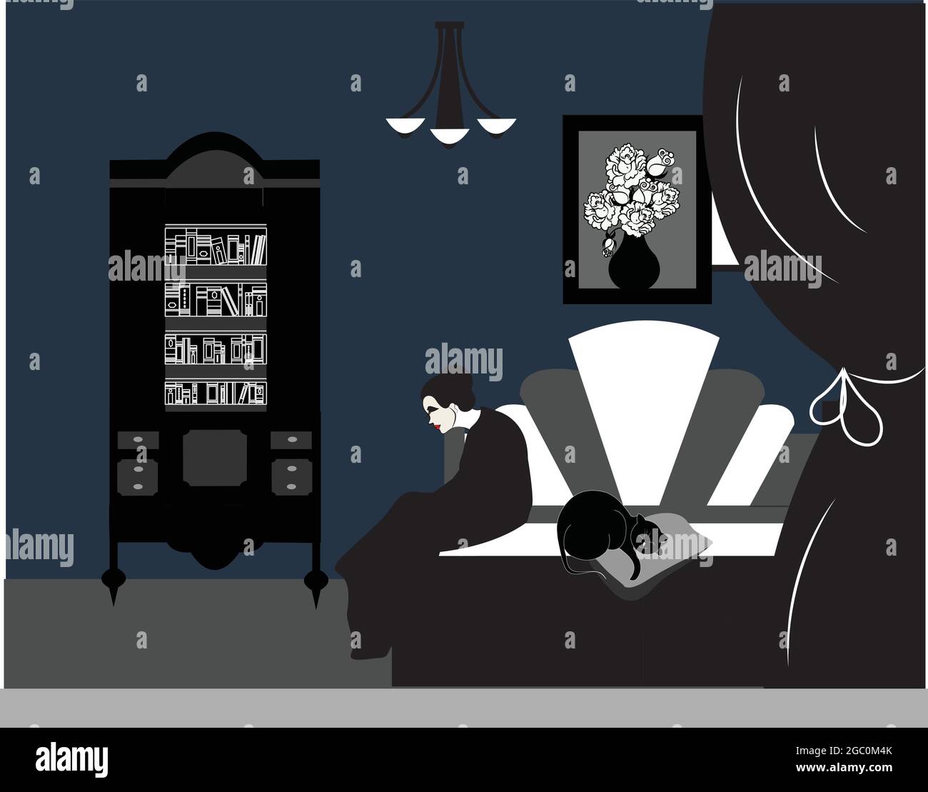 illustration of a woman being depressed and sitting alone on her bed with her cat Stock Vector