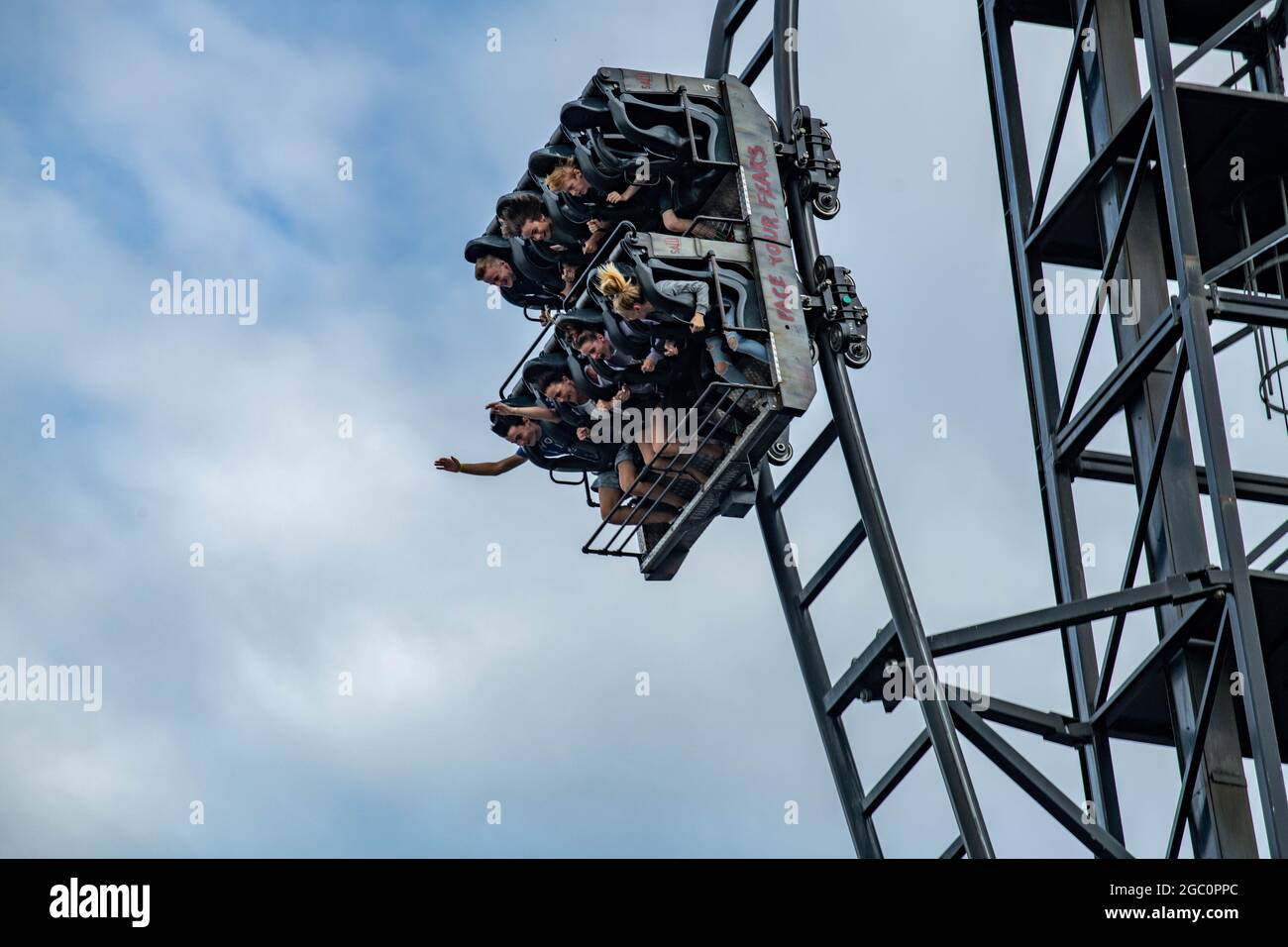 Saw The Ride JIGSAW Killer Movie Themed Rollercoaster Thorpe PArk Theme Park Panning Shots Stock Photo