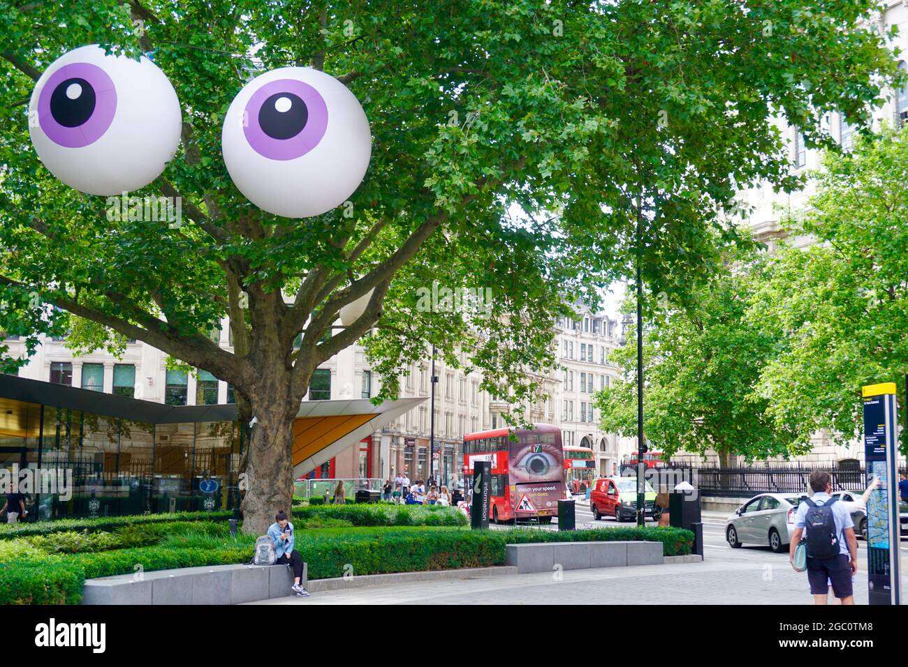 Giant inflatable googly eyes seen on a tree across central London. Part of  Mayor of London Sadiq Khan's #LetsDoLondon Family Fun season, the eyes  popped up in 'eye-conic' spots around the city 