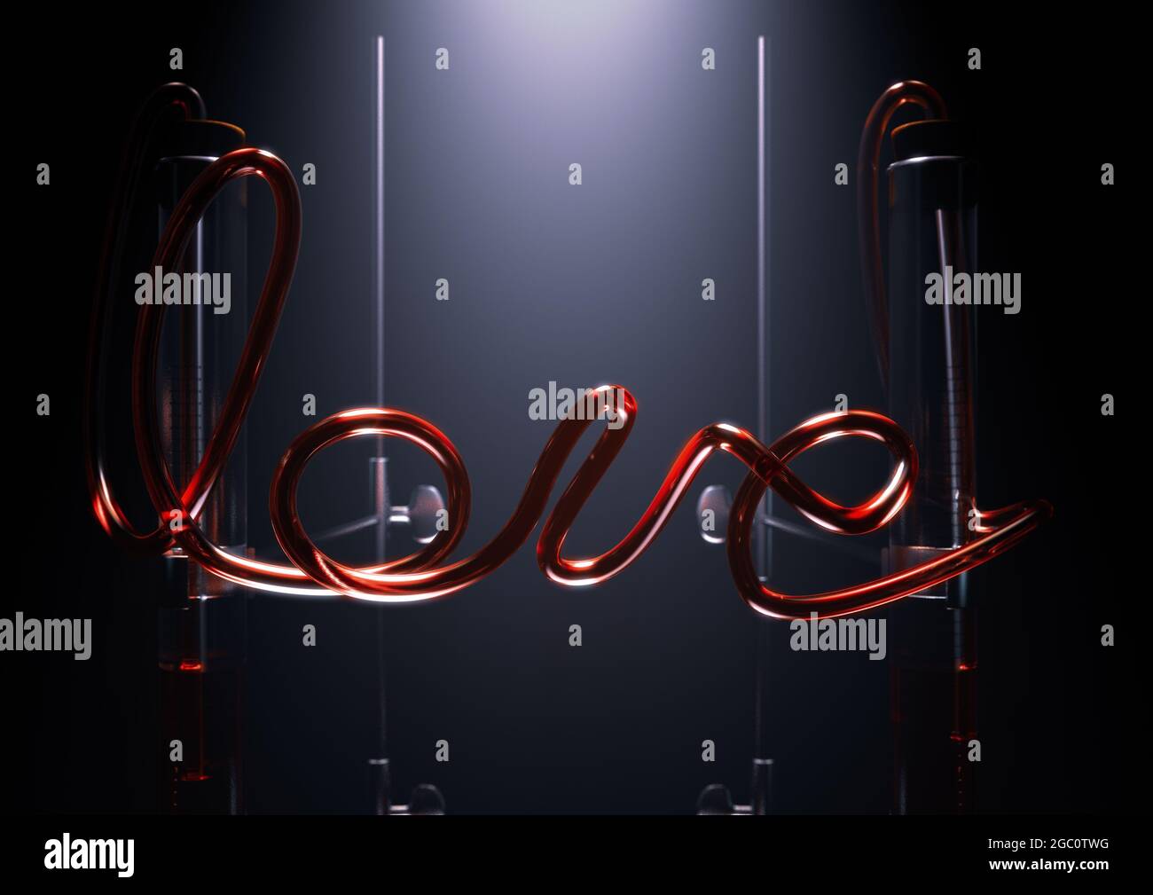 A concept of a glass chemistry set with the word love spelt out in red liquid in the pipes between two spotlit pipettes on an isolated dark background Stock Photo