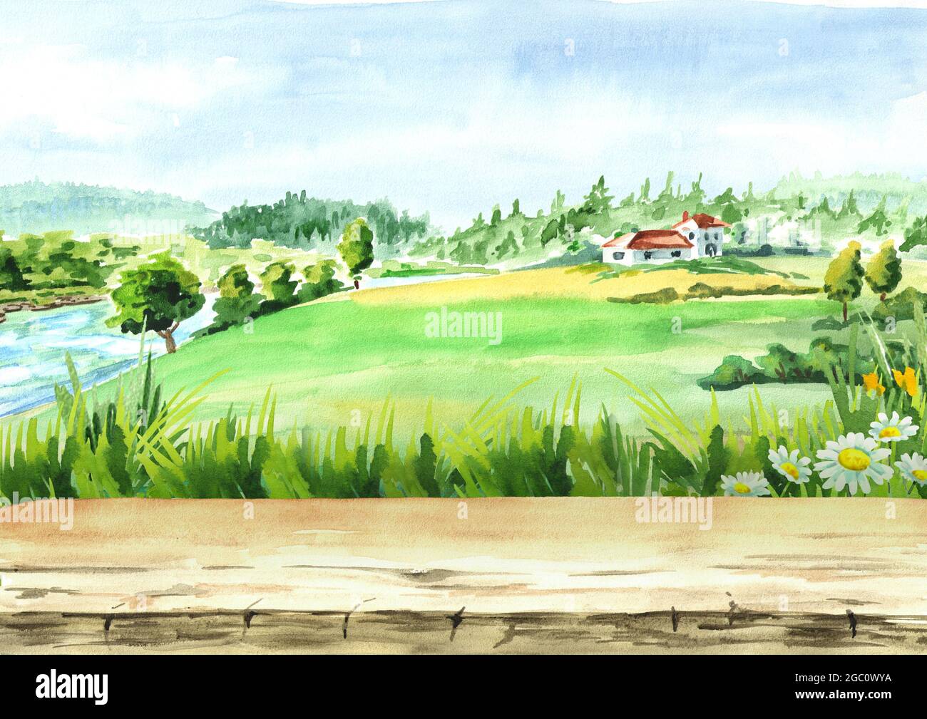 Countryside Landscape. Organic Farm Field Sketch With Rural Farmhouse,  Fields On Hills And Village. Vector Illustration Label With Paintings  Country Meadow And Farmland Royalty Free SVG, Cliparts, Vectors, and Stock  Illustration. Image