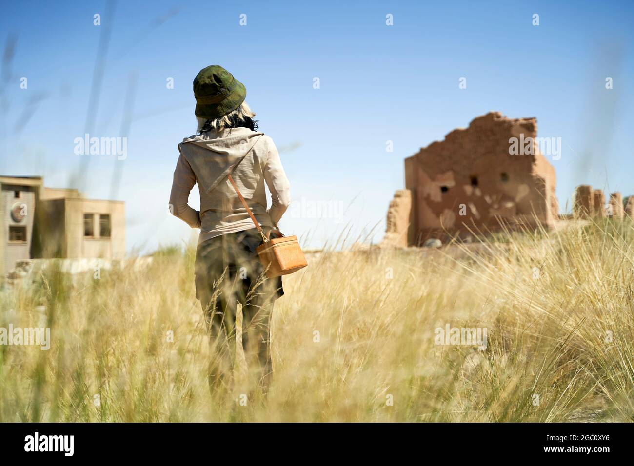 rear view of an asian female tourist looking at ruined old building Stock Photo