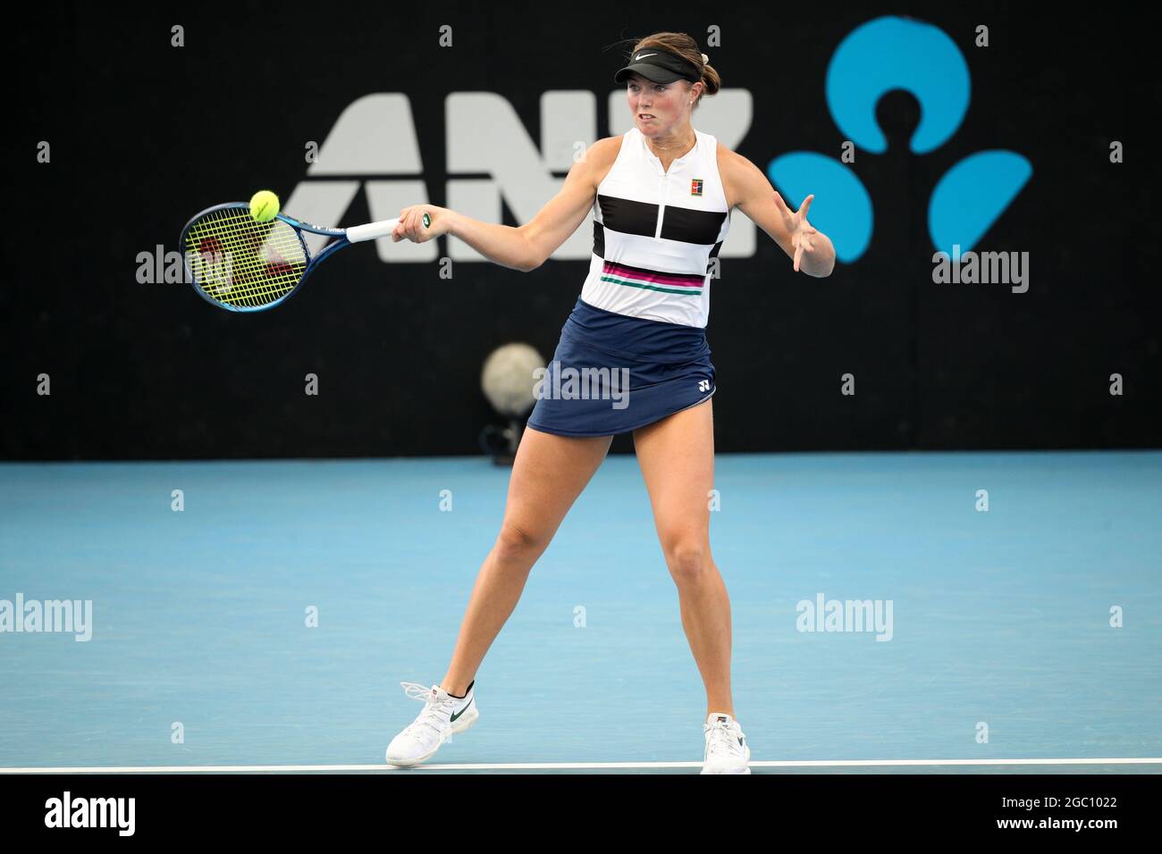 ADELAIDE, AUSTRALIA - FEBRUARY 22: Olivia Gadecki of Australia plays a forehand against Qiang Wang of China during their singles match on day one of the Adelaide International tennis tournament at Memorial Drive on February 22, 2021 in Adelaide, Australia.  Credit: Peter Mundy/Speed Media/Alamy Live News Stock Photo