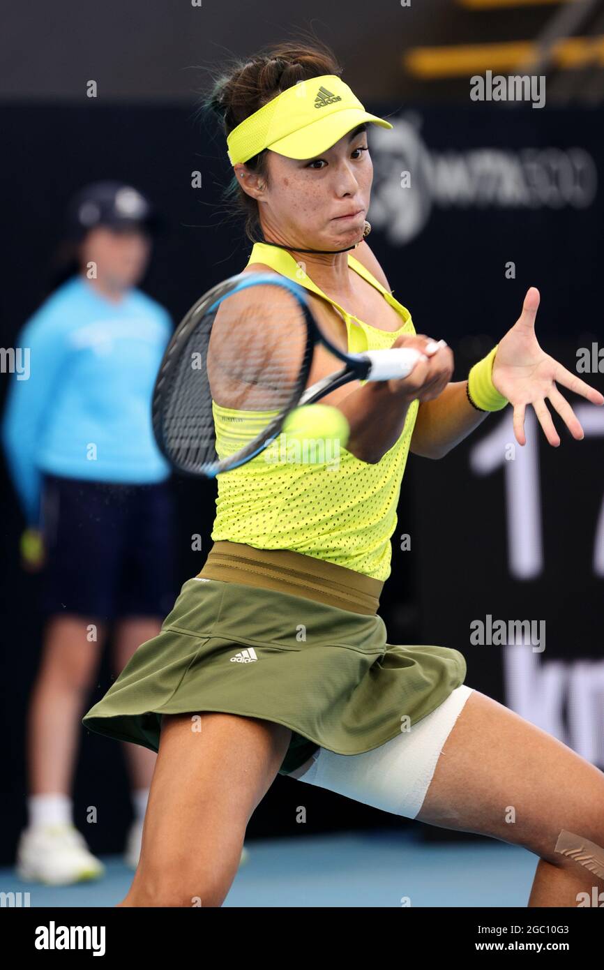 ADELAIDE, AUSTRALIA - FEBRUARY 22: Qiang Wang of China plays a forehand against Olivia Gadecki of Australia during their singles match on day one of the Adelaide International tennis tournament at Memorial Drive on February 22, 2021 in Adelaide, Australia.  Credit: Peter Mundy/Speed Media/Alamy Live News Stock Photo
